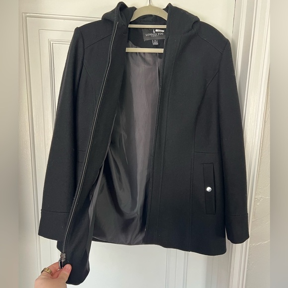 London Fog Wool Blend Hooded Coat Jacket Women’s L Black Zip Front Winter - Picture 4 of 10